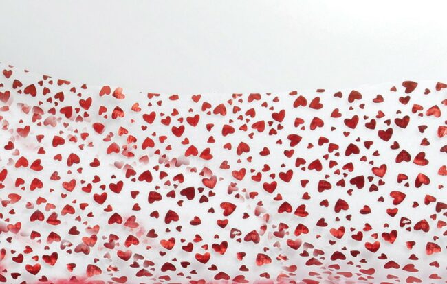 WHITE ORGANZA WITH RED HEARTS 70X20MT