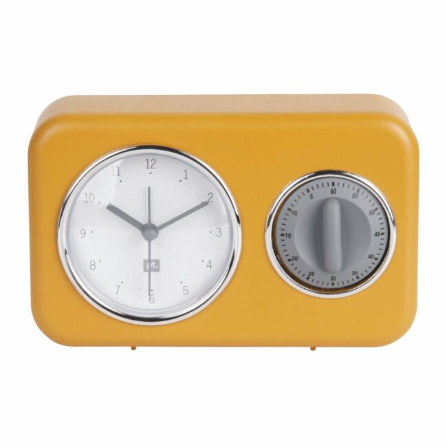 CLOCK WITH KITCHEN TIMER NOSTALGIA OCHRE YELLOW 17X6X11CM