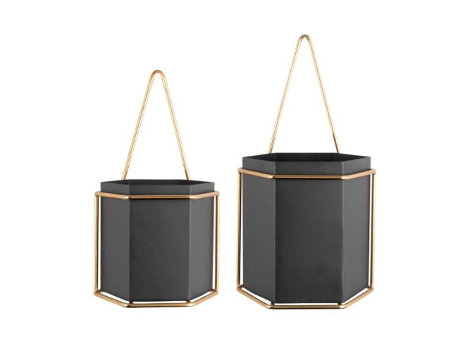 SET OF 2 WALL PLANTERS HEXAGONAL GOLD & BLACK 16X15.5X14CM