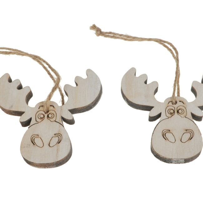 X-MAS WOOD MOOSEHEAD WHITE WITH ROP 8CM 10PCS