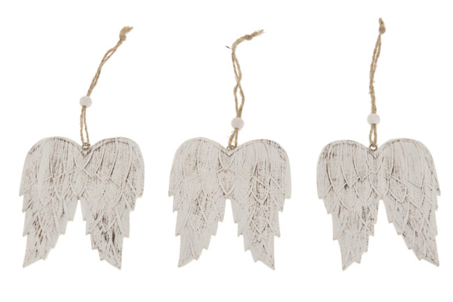 X-MAS WOODEN WINGS ON ROPE ANTIQUE WHITE 9X7X0.5CM  - 5 PCS