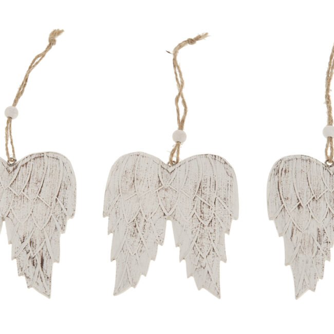 X-MAS WOODEN WINGS ON ROPE ANTIQUE WHITE 9X7X0.5CM  - 5 PCS