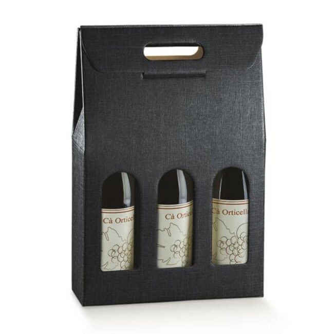 SCATOLA 3 BOTTIGLIE CON FINESTRA SETA NERO 270X90X385MM