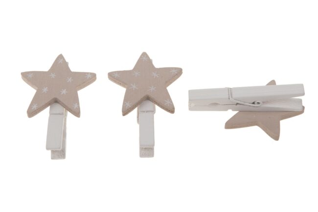 CHRISTMAS WOODEN TAUPE STAR ON CLIP 4.3X8CM 4PCS