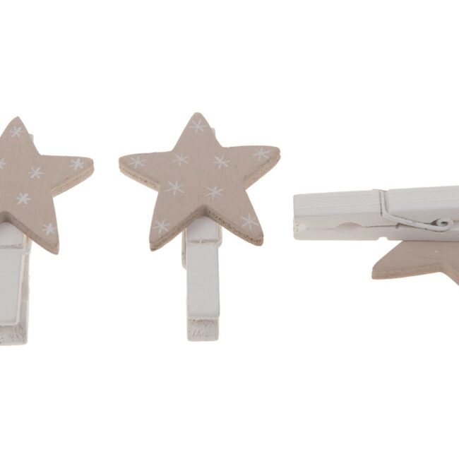 CHRISTMAS WOODEN TAUPE STAR ON CLIP 4.3X8CM 4PCS