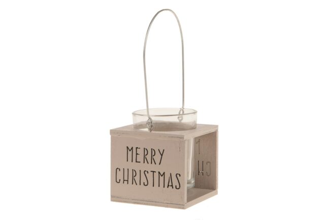 X-MAS WOODEN GREY BOX "MERRY CHRISTMAS" WITH GLASS CANDLE HOLDER 7X7X16.5CM