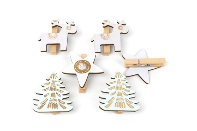 CHRISTMAS WOODEN WHITE FIGURES ON CLIP 16X16.5X1.5CM 6PCS