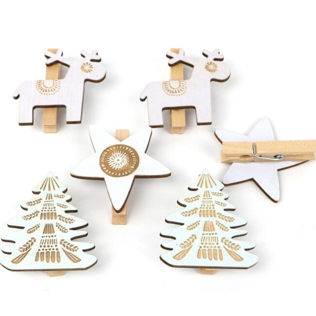 CHRISTMAS WOODEN WHITE FIGURES ON CLIP 16X16.5X1.5CM 6PCS