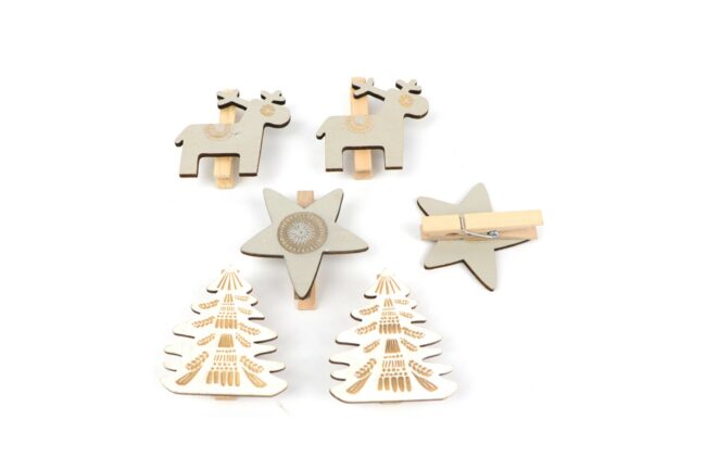 CHRISTMAS WOODEN FIGURES ON CLIP 16X16.5X1.5CM 6PCS