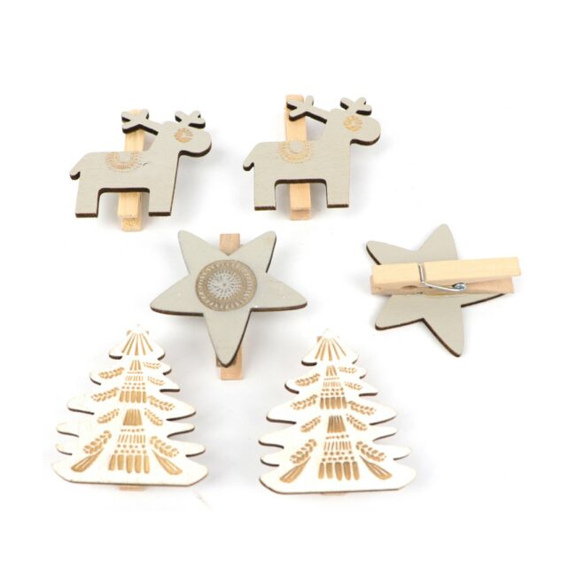 CHRISTMAS WOODEN FIGURES ON CLIP 16X16.5X1.5CM 6PCS