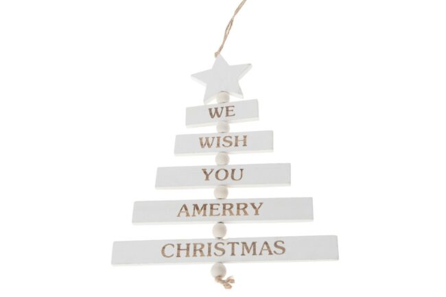 X-MAS WOODEN TREE HANGER MERRY CHRISTMAS WHITE-WASH 22X45CM