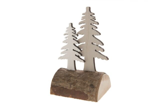 X-MAS WOODEN GREY & WHITE TREES ON TREE TRUNK 9X7X12CM