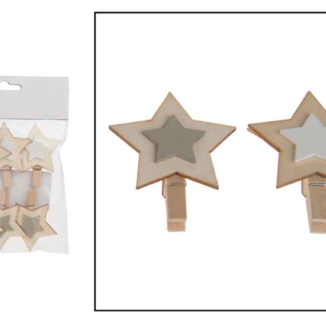 CHRISTMAS WOODEN STAR ON CLIP 12X17CM