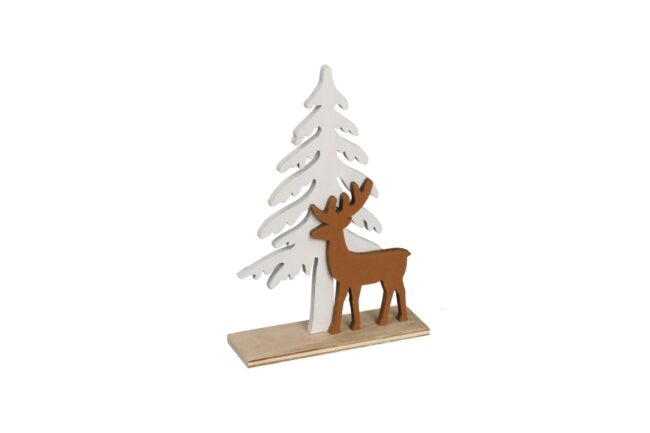 X-MAS WOODEN TREE WITH BROWN DEER 16.5X5X24.5CM