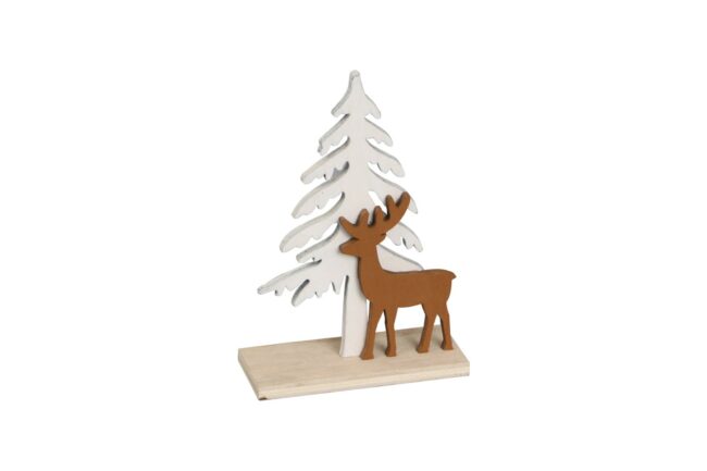 X-MAS WOODEN STAND WITH WHITE TREE & BROWN DEER 10X4X15CM