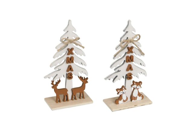 X-MAS WOODEN TREE WITH DEER & FOX 8X4X15.5CM (ASSORTED 2)