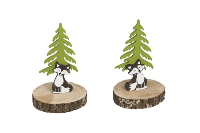 X-MAS WOODEN FOX WITH TREE ON SLICE 9.5X2X17CM (ASSORTED 2)