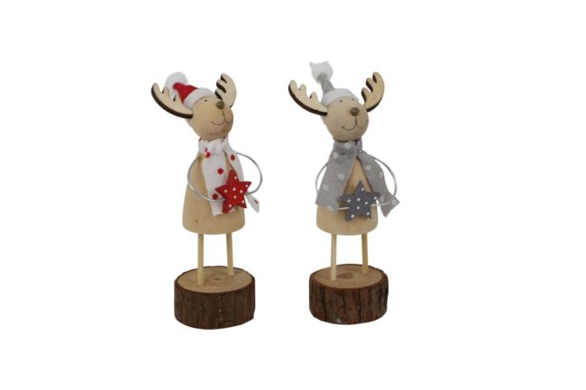 X-MAS WOODEN DEER ON SLICE WOOD 5X5X15CM (ASSORTED 2)