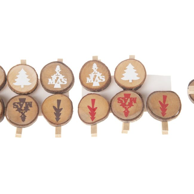 CHRISTMAS WOOD SLICE ON CLIP 12X10X1.5CM ASSORTED 6PCS