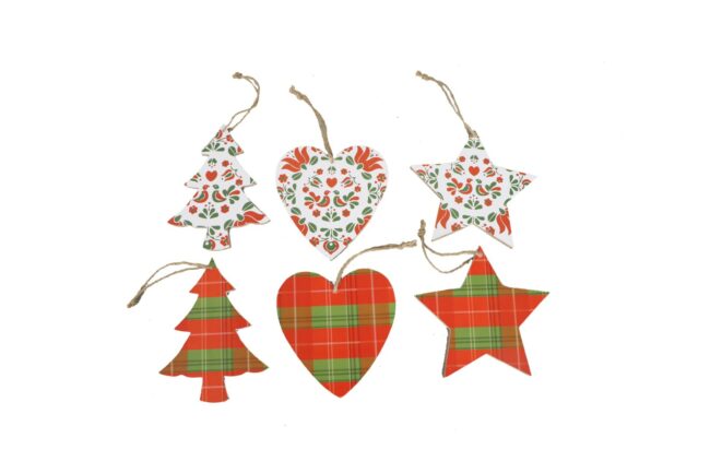 X-MAS WOODEN HEART/STAR/TREE HANG (ASSORTED 6)