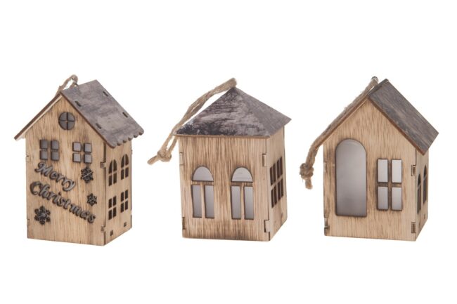 X-MAS WOODEN HANGING HOUSE WITH LIGHT (ASSORTED 3)