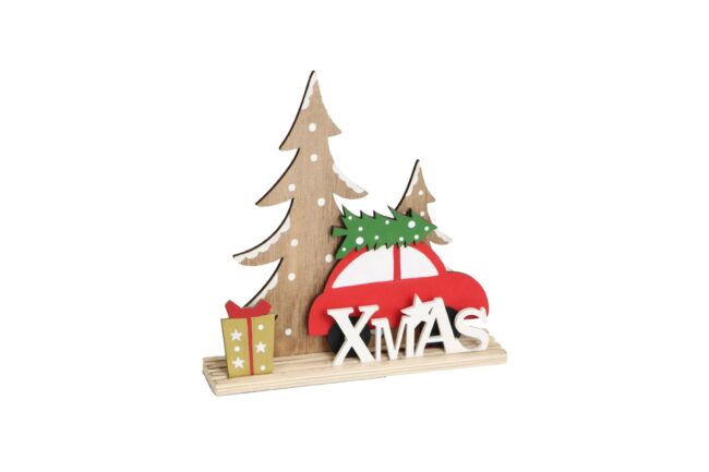 X-MAS WOODEN SCENE WITH CAR & TREES 26X5X26CM