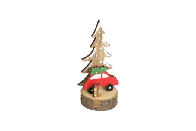 X-MAS WOODEN RED CAR WITH TREE ON WOOD SLICE 6.5X6.5X14CM