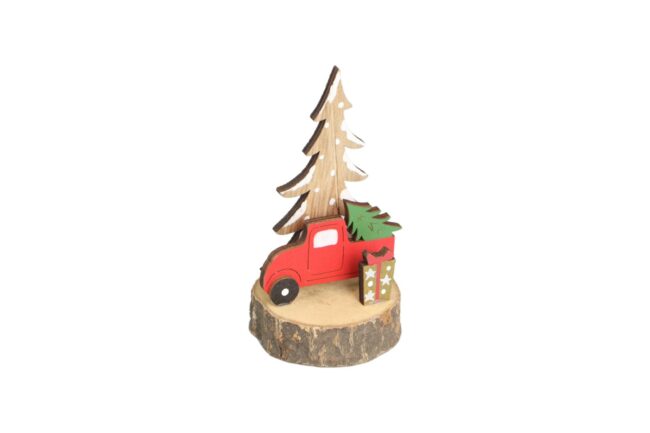 X-MAS WOODEN CAR ON WOOD SLICE 6.5X6.5X12CM