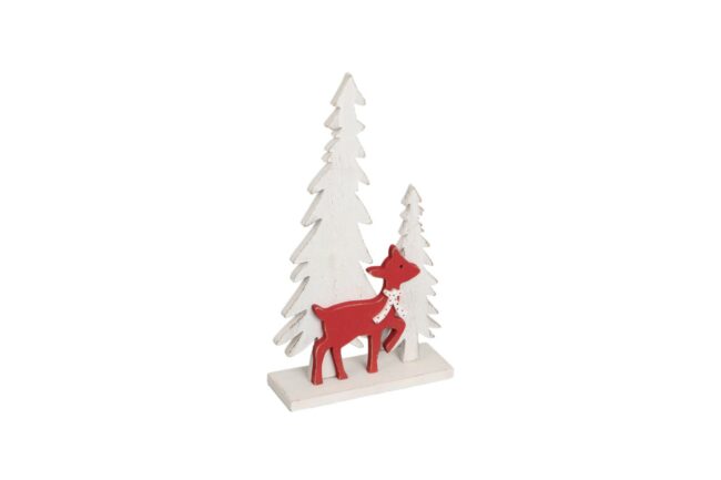 X-MAS WOODEN SCENE WITH RED DEER & WHITE TREES 15.5X5X28CM