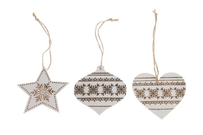 X-MAS WOODEN HANG STAR/HEART/BALL 11CM 3PCS