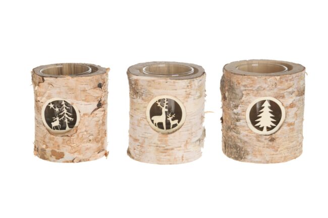 X-MAS BIRCH CANDLE HOLDER WITH GLASS 11X12CM (ASSORTED 3)