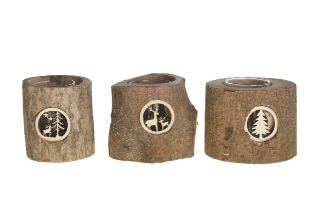X-MAS POPLAR CANDLE HOLDER WITH GLASS 11X12CM (ASSORTED 3)