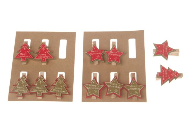 CHRISTMAS WOODEN STAR & TREE CLIPS ASSORTED 3.8-4X4.5CM 6PCS