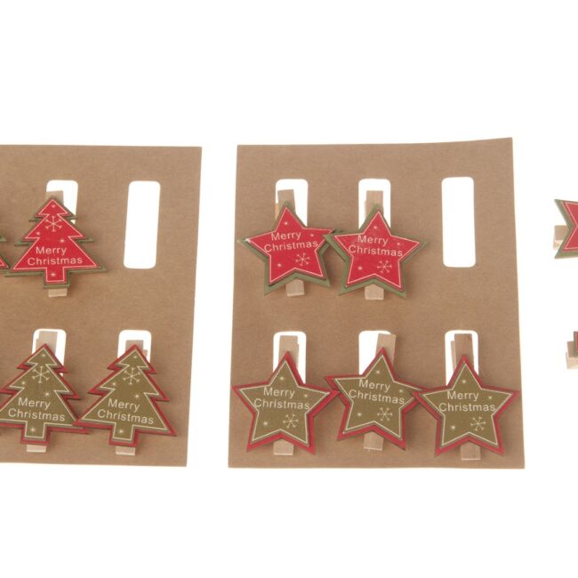 CHRISTMAS WOODEN STAR & TREE CLIPS ASSORTED 3.8-4X4.5CM 6PCS