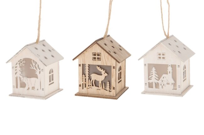 X-MAS WOODEN HOUSE HANGER WHITE LIGHT 7.5X6.8X8.3CM (ASSORTED 3)