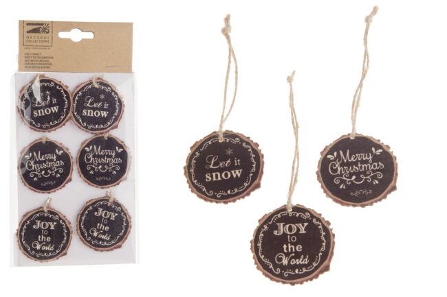 X-MAS WOODEN BLACK HANGER SLICES WITH TEXT 5CM - 6PCS