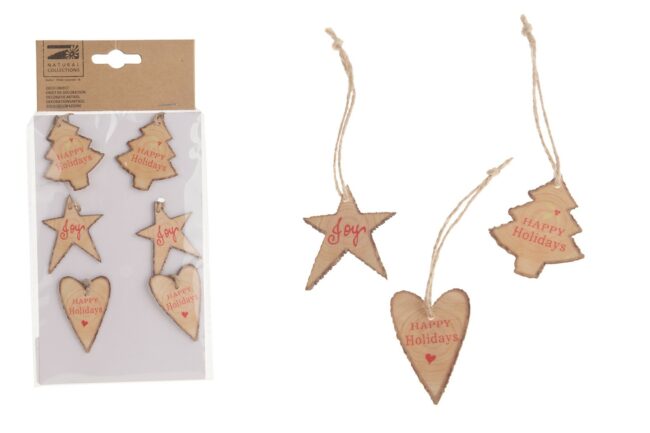 X-MAS WOODEN HANGERS STAR/HEART/TREE MULTI 5CM   - 6 PCS
