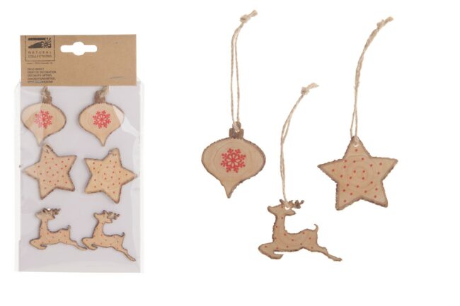 X-MAS WOODEN HANGING STAR-DEER-BALL 5CM - 6PCS