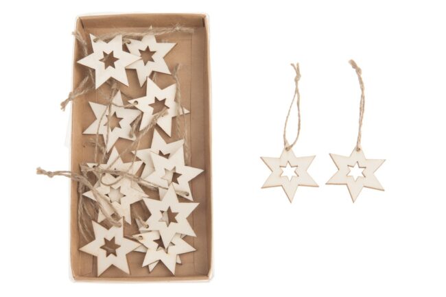 X-MAS WOODEN STAR HANGER NATURAL 5CM 14PCS
