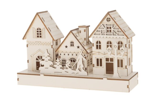 X-MAS WOODEN WHITE HOUSE WITH LIGHT 23X15X7CM