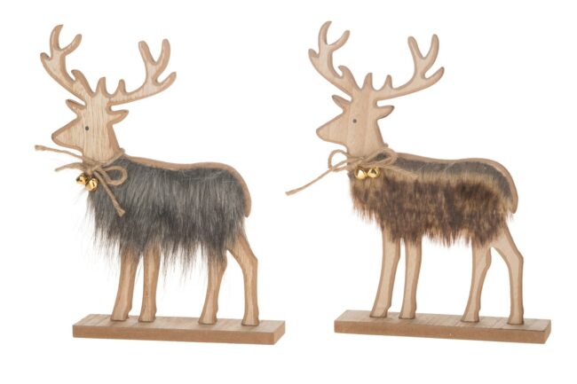 X-MAS WOODEN DEER WITH FUR 16.5X4X24CM (ASSORTED 2)