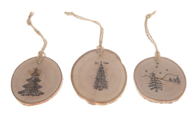 X-MAS WOOD SLICE CHRISTMAS NATURAL 5-7CM  (ASSORTED 3) 12 PCS