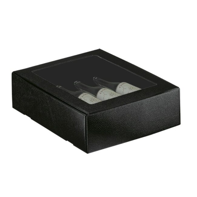 CANTINETTA 3 BOTTIGLIE CON FINESTRA PELLE NERO 340X280X90MM