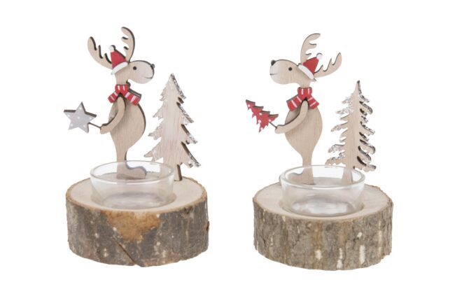 X-MAS DEER WITH CANDLE HOLDER ON WOOD 7X6.5X12CM
