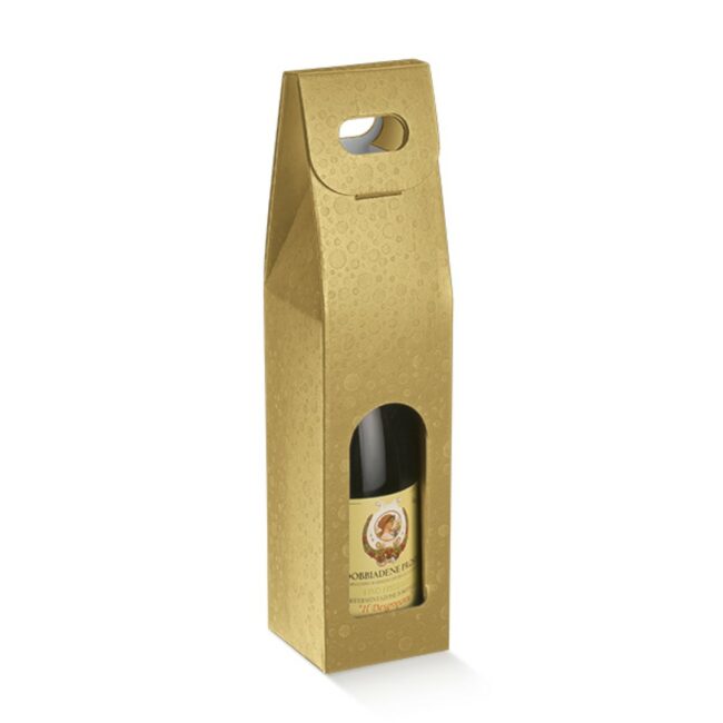 SCATOLA 1 BOTTIGLIA CON MANIGLIA SFERE ORO 90X90X385MM