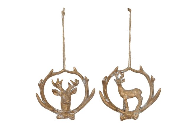 X-MAS HANGER DEER POLYRESIN ANTIQUE GOLD 11X1.5X9CM (ASSORTED 2)