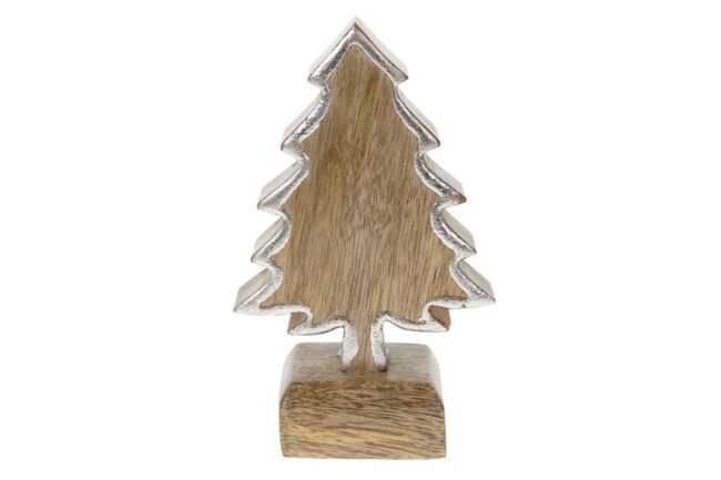 X-MAS TREE MANGO WOOD NATURAL/SILVER  9X2.5X15CM
