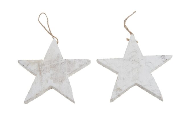 X-MAS WOODEN STAR WITH ROPE WHITE  15CM   - 10 PCS