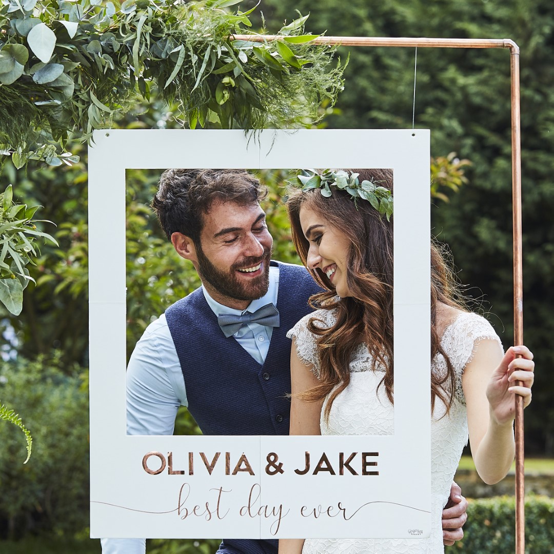 WHITE AND ROSE GOLD PERSONALISED WEDDING PHOTO BOOTH FRAME - Pergamos