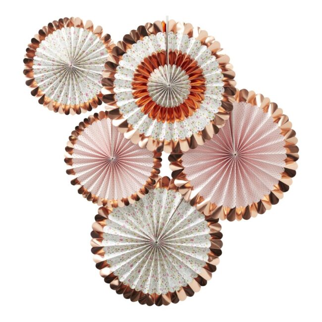ROSE GOLD FLORAL PAPER FAN DECORATIONS - 5PCS